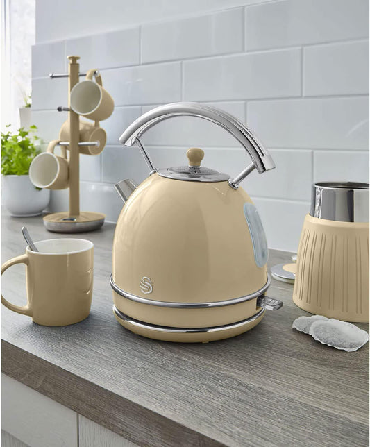 Swan Retro Breakfast Set Stainless Steel Kettle 1.8L & 2-Slice Toaster 6 Level Browning Control Cream Color