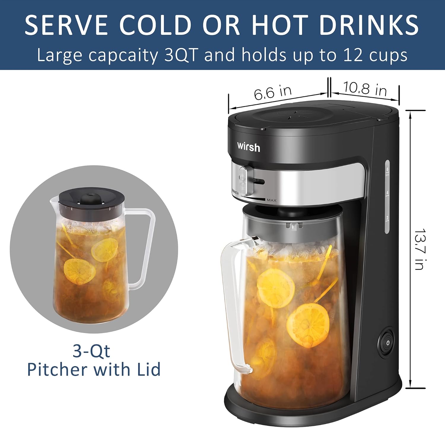 Wirsh Iced Tea Maker with 3QT Pitcher, Iced Coffee Maker with Strength Control and Reusable Filter, Perfect for Iced Coffee, Latte, Tea, Lemonade, Flavored Water, Black