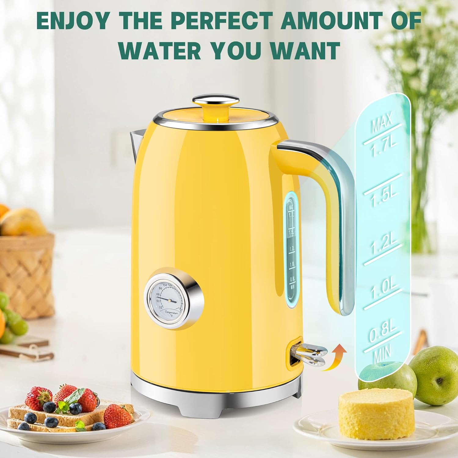 SUSTEAS Electric Kettle - 57Oz Hot Tea Kettle Water Boiler with Thermometer, 1500W Fast Heating Stainless Steel Tea Pot, Cordless with LED Indicator, Auto Shut-Off & Boil Dry Protection, Retro Yellow