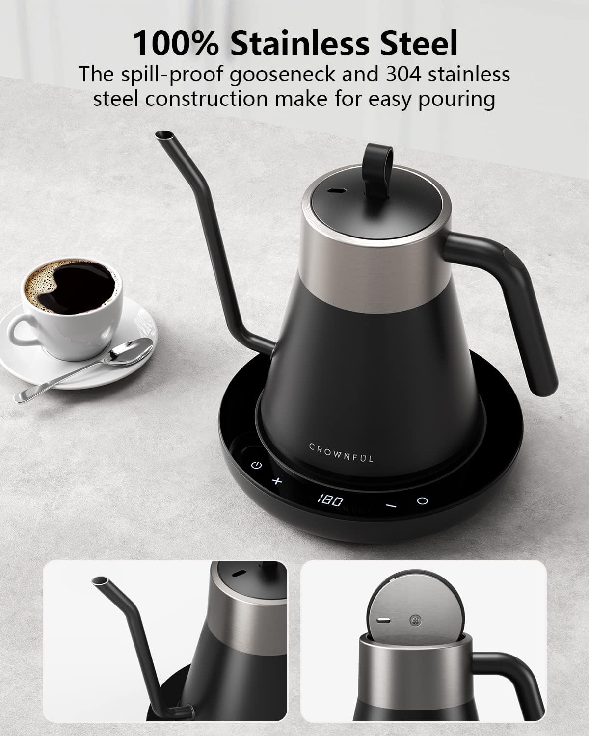 CROWNFUL Smart Electric Gooseneck Kettle with 4 Variable Presets, ±1℉ Temperature Control, 0.8L Capacity, 1200W Quick Heating, 100% Stainless Steel, Pour over Coffee Kettle, Alexa Control