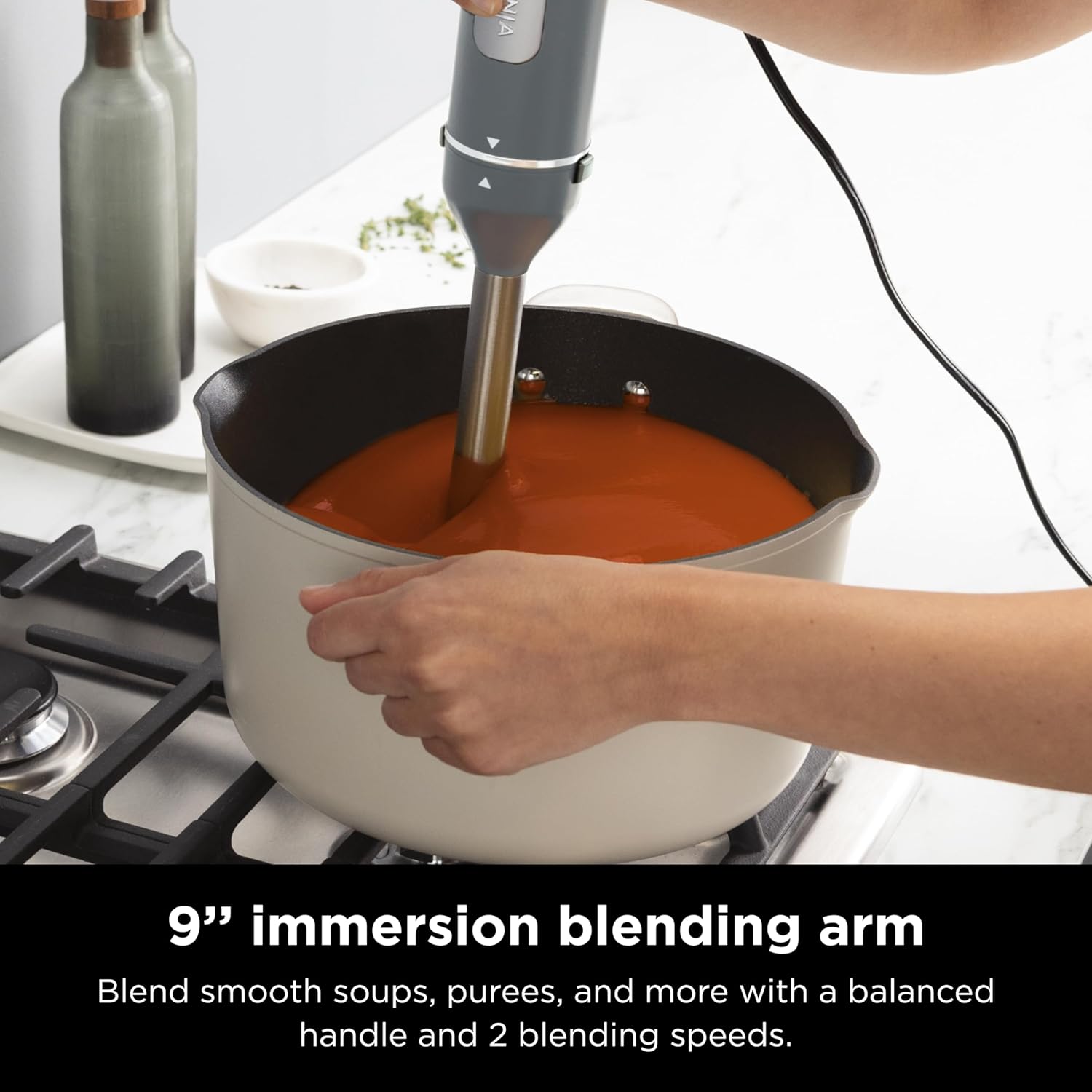 Ninja CI105BRN Foodi Power Mixer System, 750-Peak-Watt Immersion Blender and Hand Mixer, Easyglide Beaters, Dough Hooks, 3-Cup Blending Vessel, Sea Salt Gray