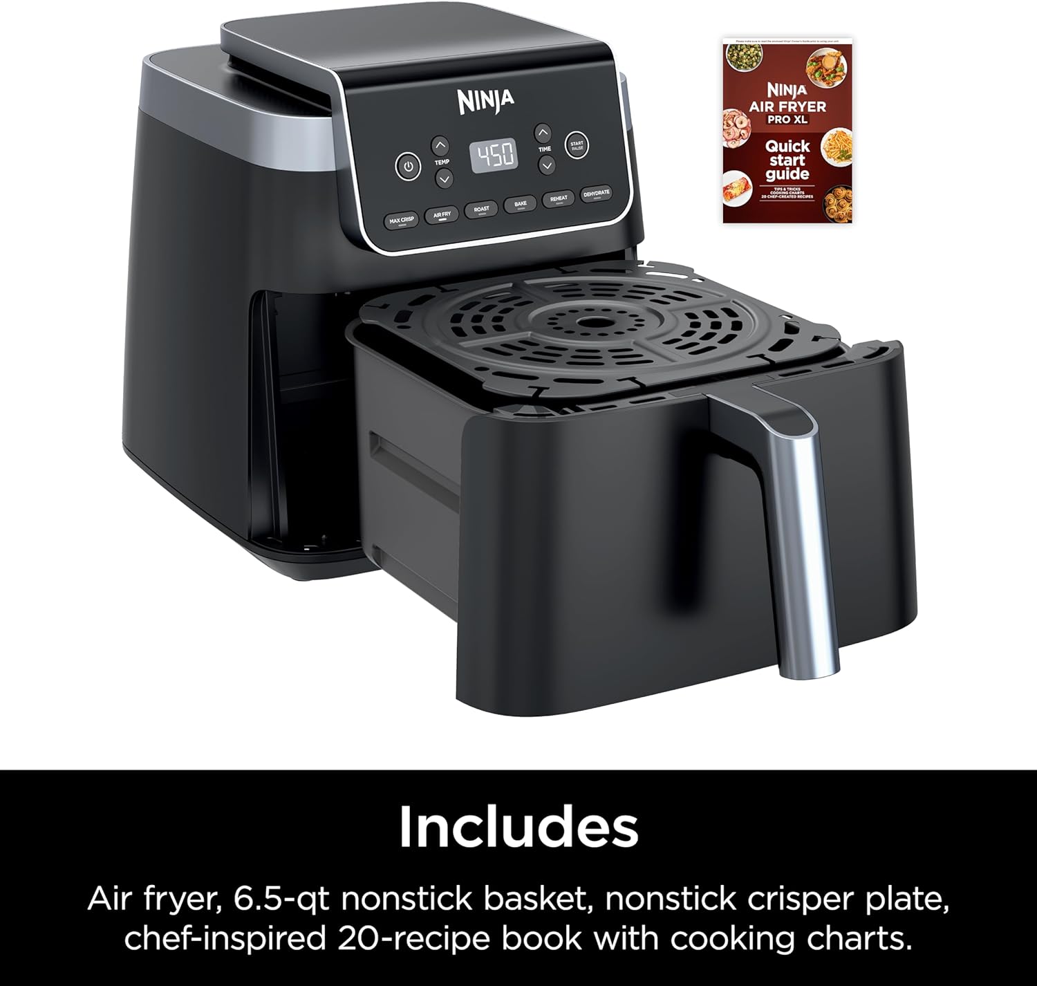 Ninja Air Fryer Pro XL 6-In-1 with 6.5 QT Capacity, Max Crisp, Air Fry, Air Roast, Bake, Reheat, Dehydrate, Max Crisp Technology with 450F, Nonstick Basket & Crisper Plate, Grey, AF181