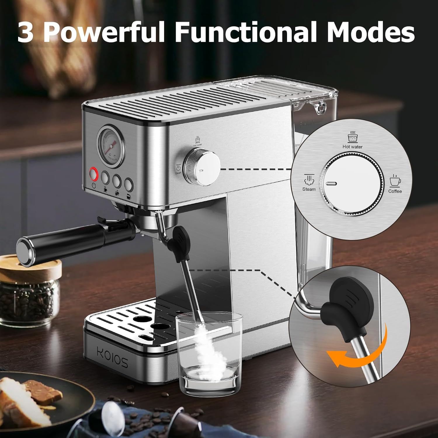 KOIOS Espresso Machines, Upgraded 1200W Espresso Maker with Foaming Steam Wand, 20 Bar Semi-Automatic Steam Espresso Coffee Maker for Home, Cappuccino & Latte Machine with 58Oz Removable Water Tank