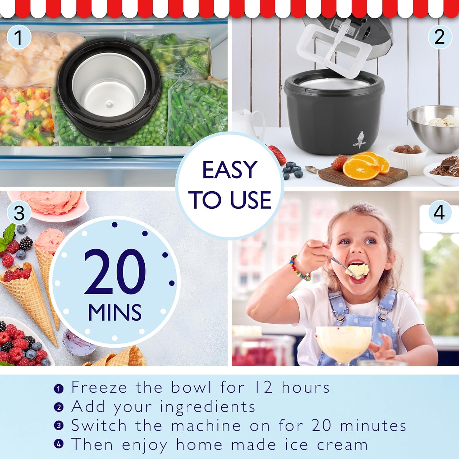 Sensio Ice Cream Maker Machine - Make Delicious Ice Cream in 20 Minutes