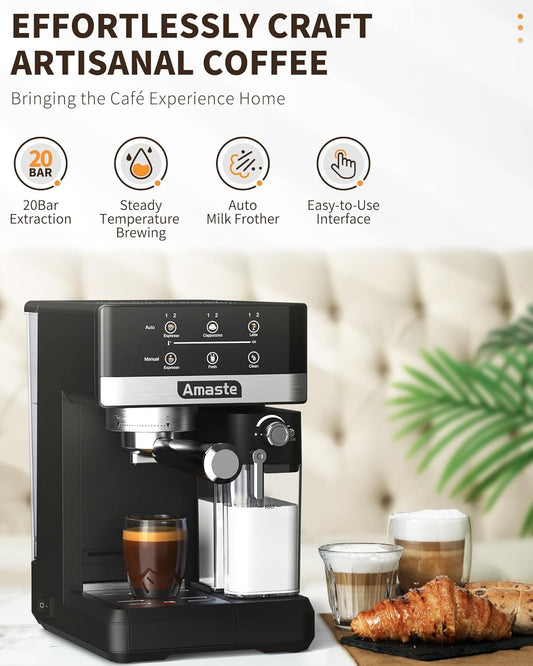 Amaste Espresso Machine 3-In-1 - 20 Bar with Touch Screen & Milk Frother 1350W