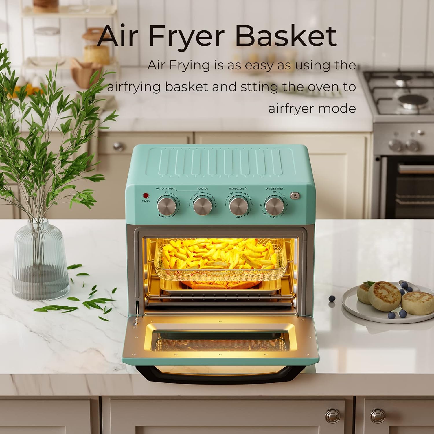 SIMOE Retro Oven & Air Fryer 19L 5 Accessories & Recipe Book Turquoise