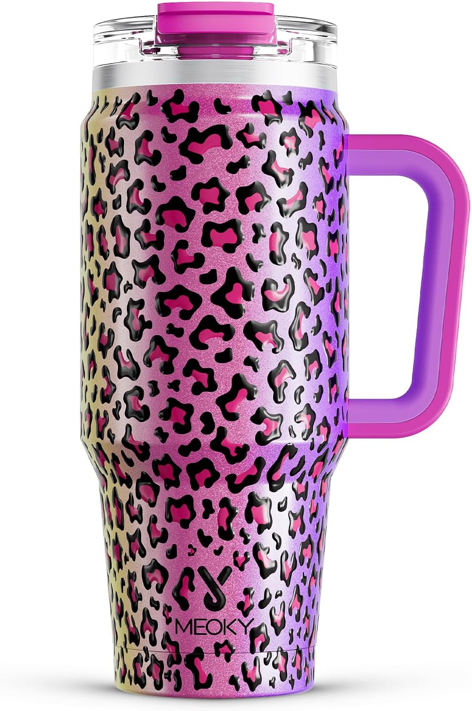 Meoky 32 Oz Tumbler with Handle, Insulated Tumbler with Lid and Straw, Stainless Steel Travel Mug, Keeps Cold for 24 Hours, 100% Leak Proof, Fits in Car Cup Holder (Leopard)