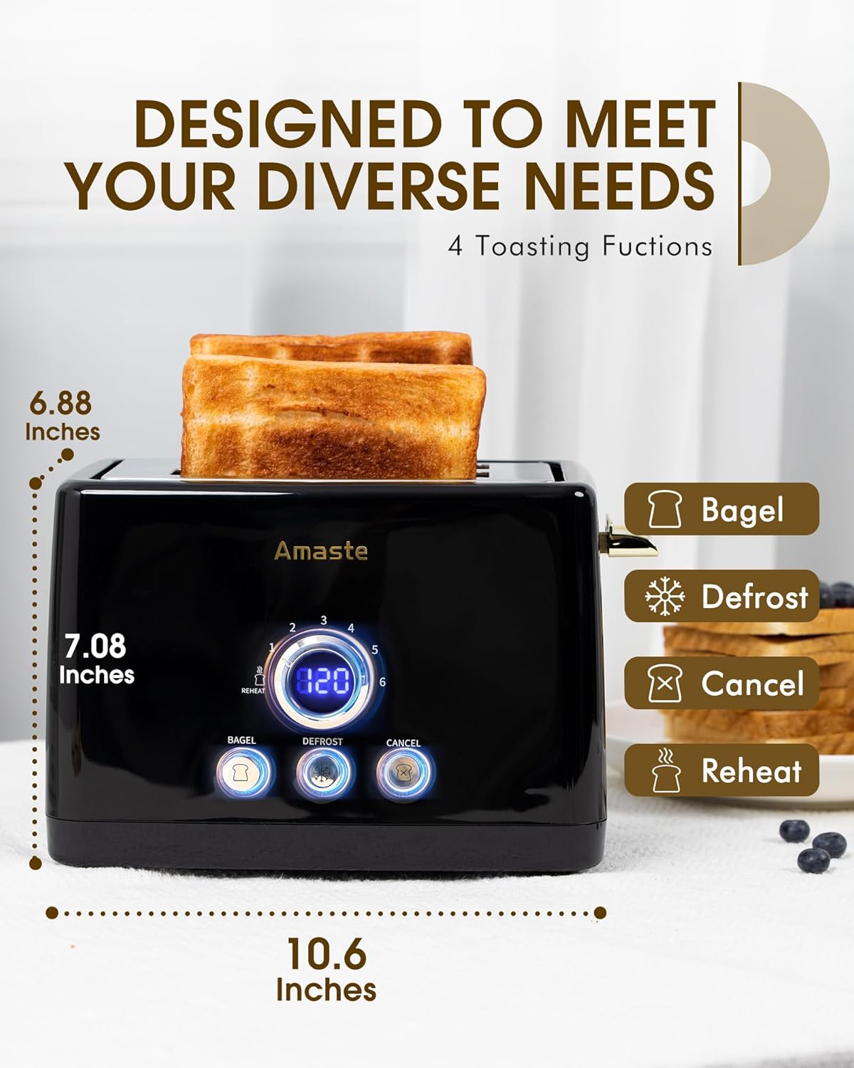 2 Slice Toaster, Retro Bread Toaster with LED Digital Countdown Timer, Extra Wide Slots Toasters with 6 Shade Settings, Bagel, Cancel, Defrost Function, High Lift Lever, Removal Crumb Tray, Black