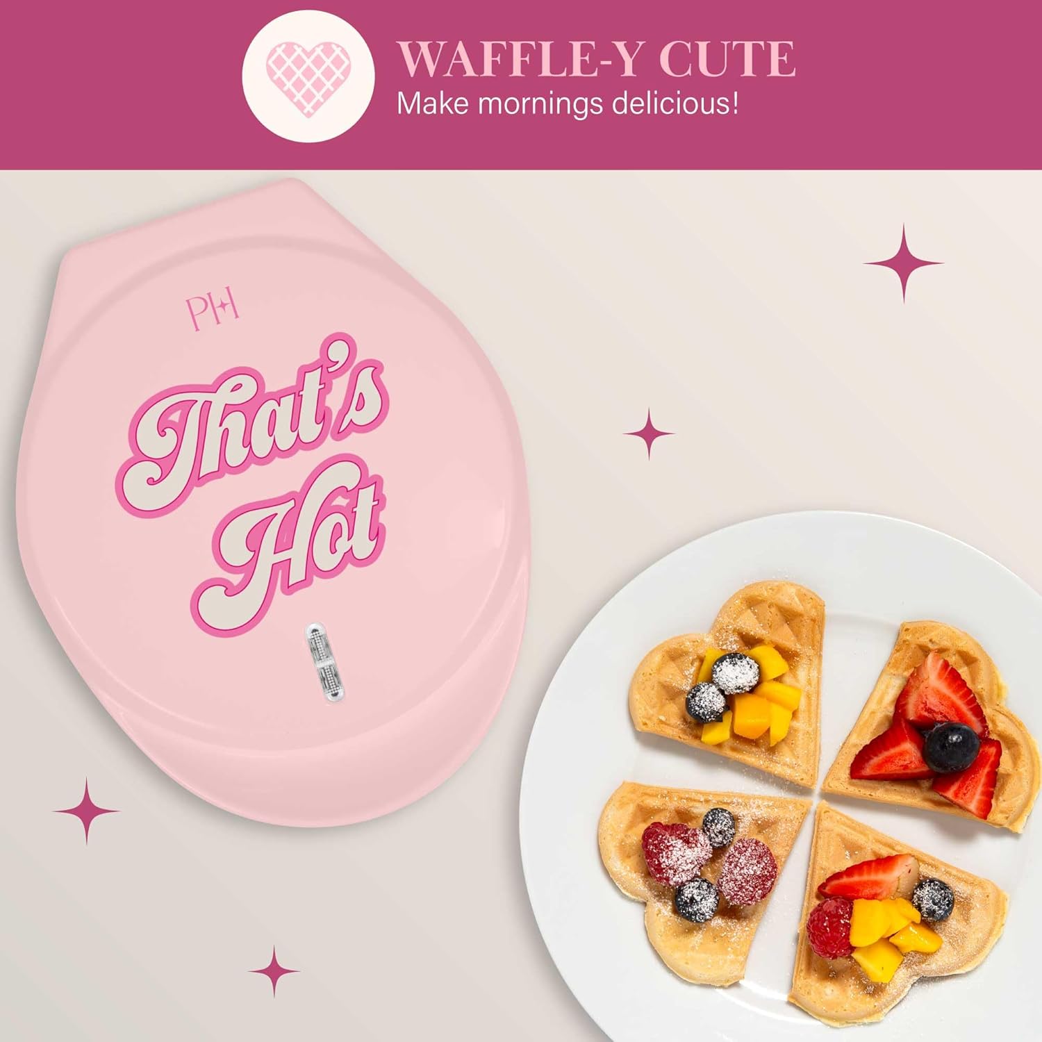 Paris Hilton Heart Waffle Maker, Makes 5 Mini Heart Shaped Waffles or 1 Individual Waffle, Easy to Clean 6" Nonstick Plates, Made without PFAS or PFOA, Electric Waffle Iron, Pink