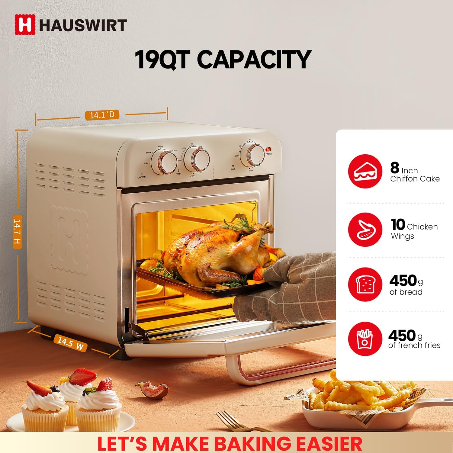 Hauswirt Retro Electric Oven & Air Fryer Combo 26.5Litter 190°F-450°F 1600W White