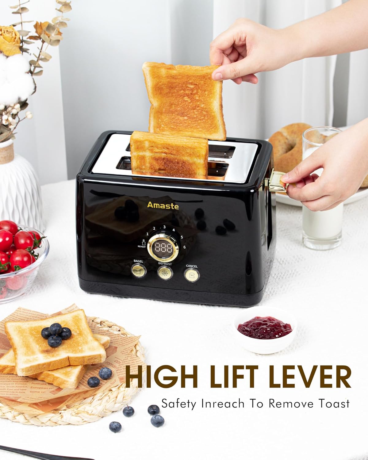 2 Slice Toaster, Retro Bread Toaster with LED Digital Countdown Timer, Extra Wide Slots Toasters with 6 Shade Settings, Bagel, Cancel, Defrost Function, High Lift Lever, Removal Crumb Tray, Black