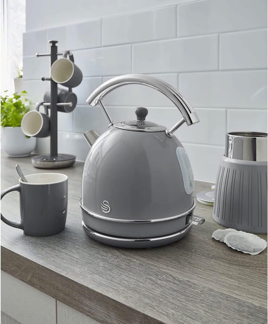 Swan Retro Breakfast Set Stainless Steel Kettle 1.8L & 2-Slice Toaster 6 Level Browning Control Grey Color