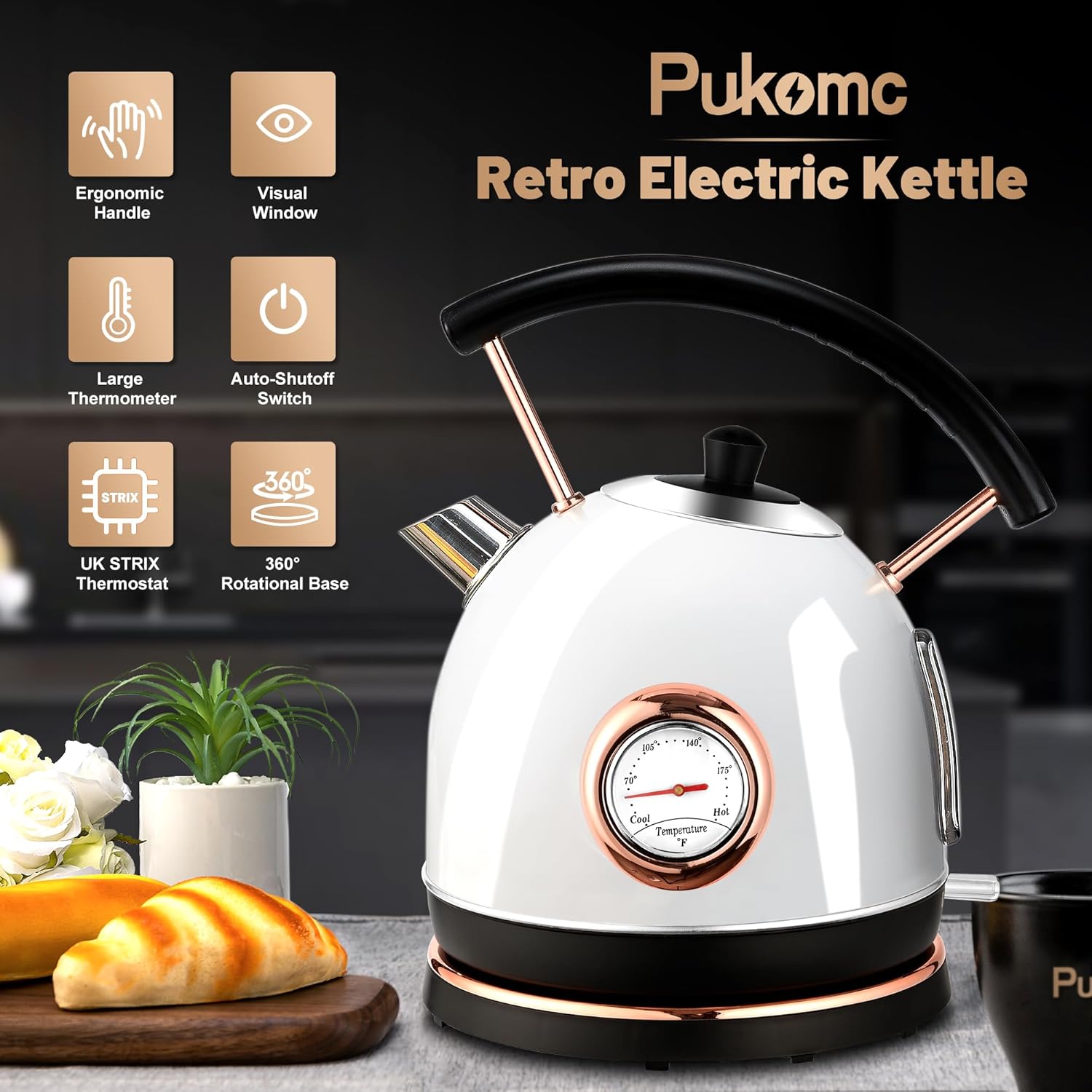 Retro Electric Kettle Stainless Steel 1.7L Tea Kettle, Hot Water Boiler with Temperature Gauge, Led Light, Fast Boiling, Auto Shut-Off&Boil-Dry Protection (White)