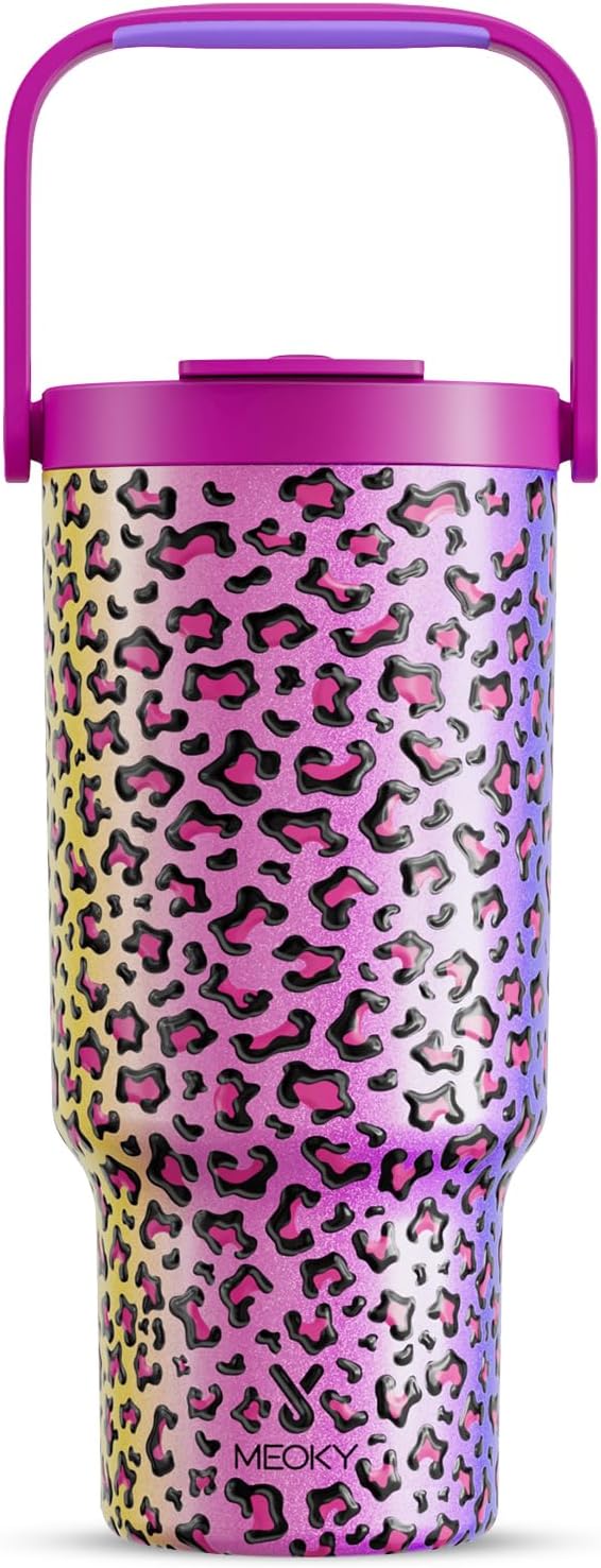 Meoky 32 Oz Tumbler with Handle, Tumbler with Lid and Straw, Stainless Steel Travel Mug, 100% Leak Proof, Keeps Cold for 24 Hours, Fits in Car Cup Holder (Leopard)