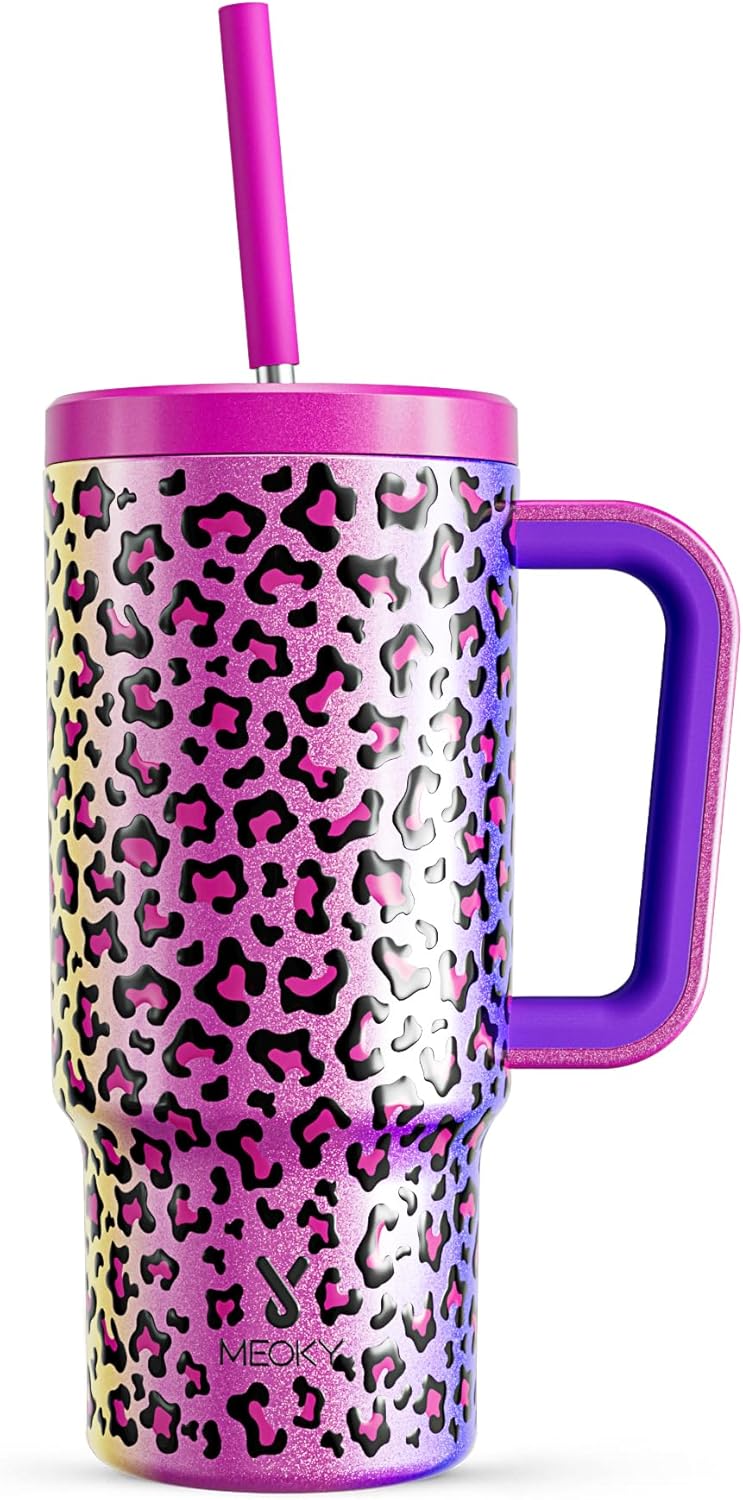 Meoky 24 Oz Tumbler with Handle and Straw, 100% Leak-Proof Tumbler with Lid and Straw, Insulated Stainless Steel Travel Coffee Mug, Keeps Cold for 24 Hours (Leopard)