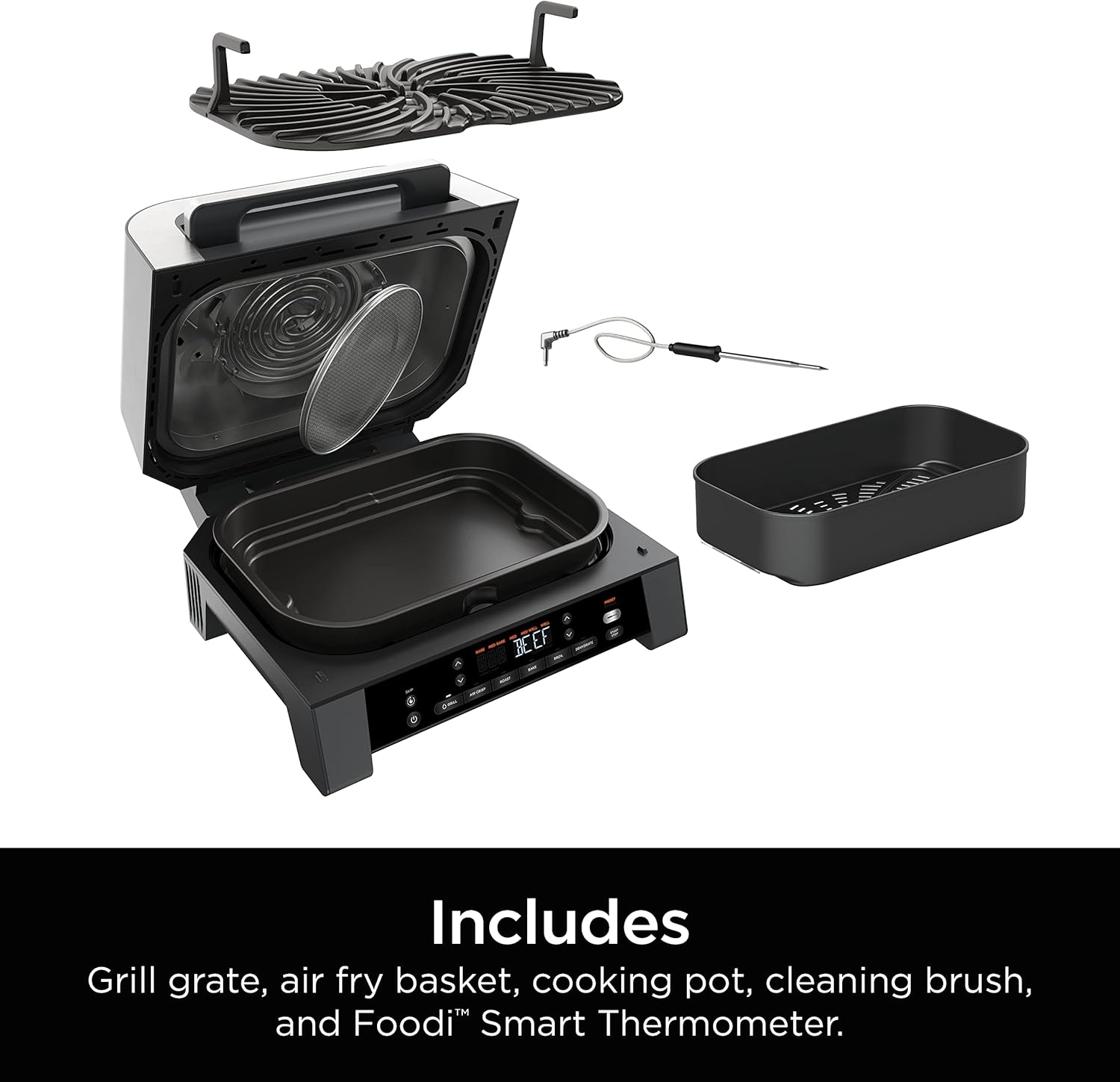 Ninja DG551 Foodi Smart XL 6-In-1 Indoor Grill with Air Fry, Roast, Bake, Broil, & Dehydrate, Foodi Smart Thermometer, 2Nd Generation, 120 Volts, Black/Silver