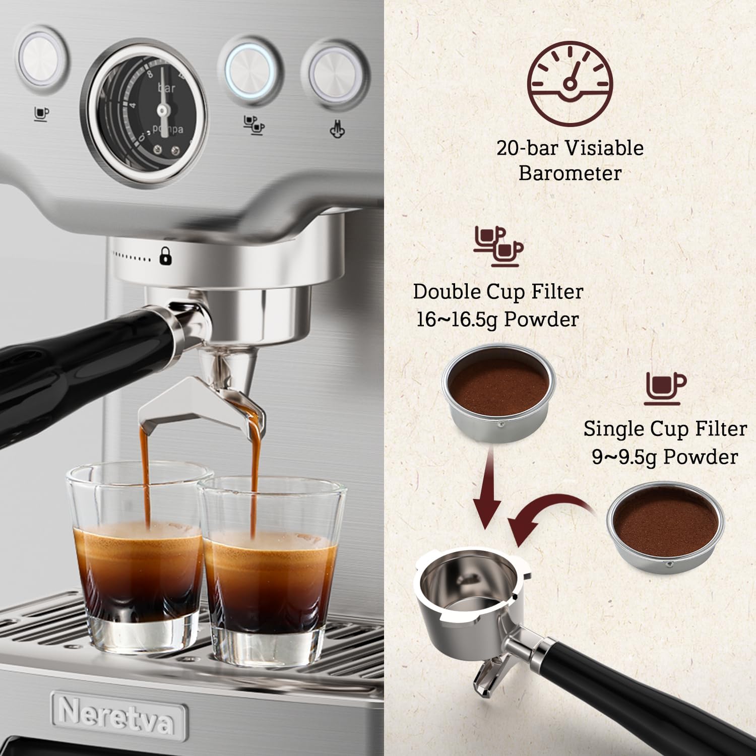 Neretva Professional Coffee and Espresso Machine 15 Bar for Home Barista