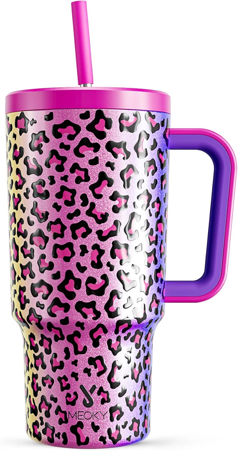 Meoky 30 Oz Tumbler with Handle, Tumbler with Lid and Straw, Insulated Stainless Steel Travel Mug, 100% Leak-Proof, Cupholder Friendly, Keeps Cold for 24 Hours or Hot for 8 Hours (Leopard)