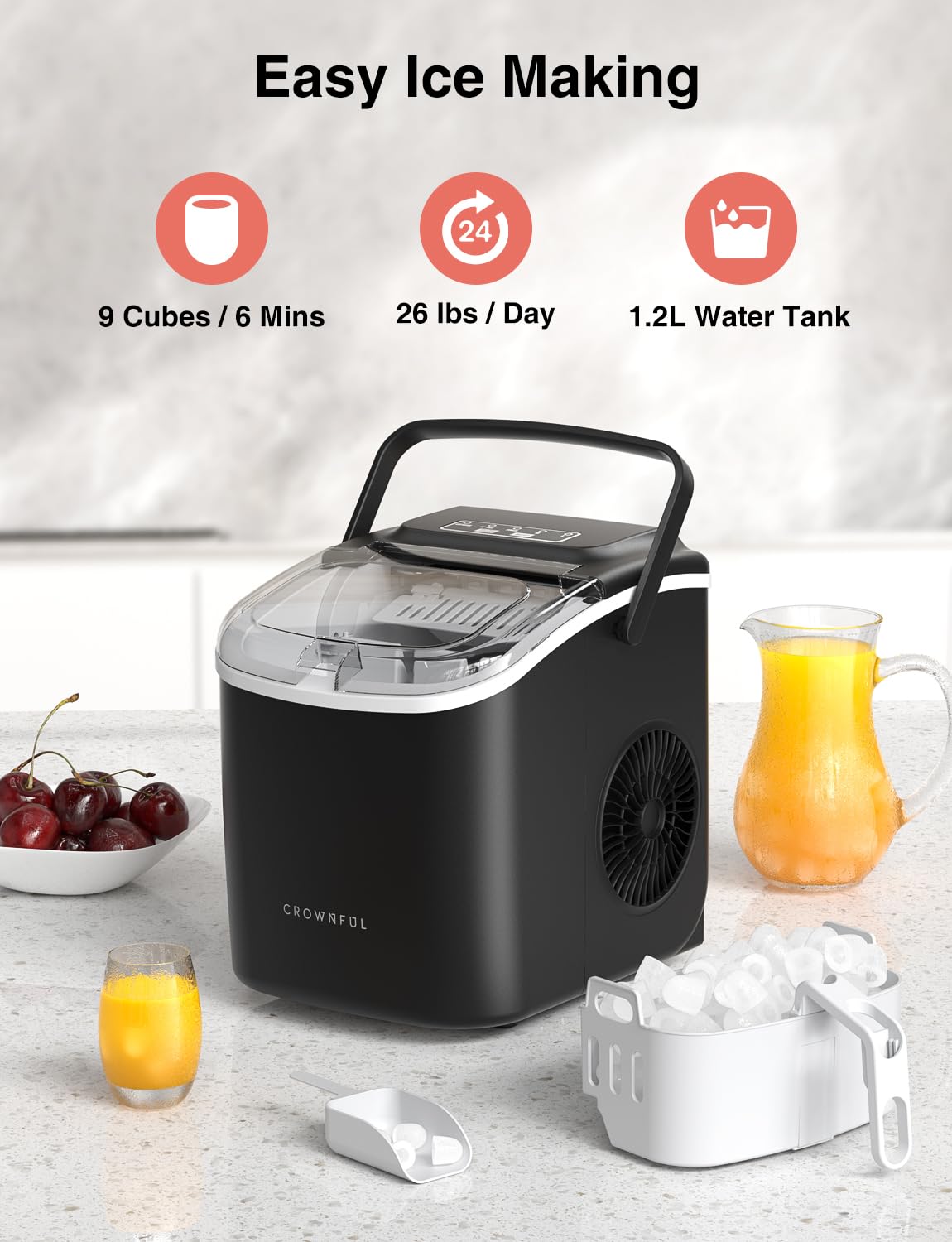 CROWNFUL Ice Maker Machine 9 Bullet Ice Cubes in 6 Mins