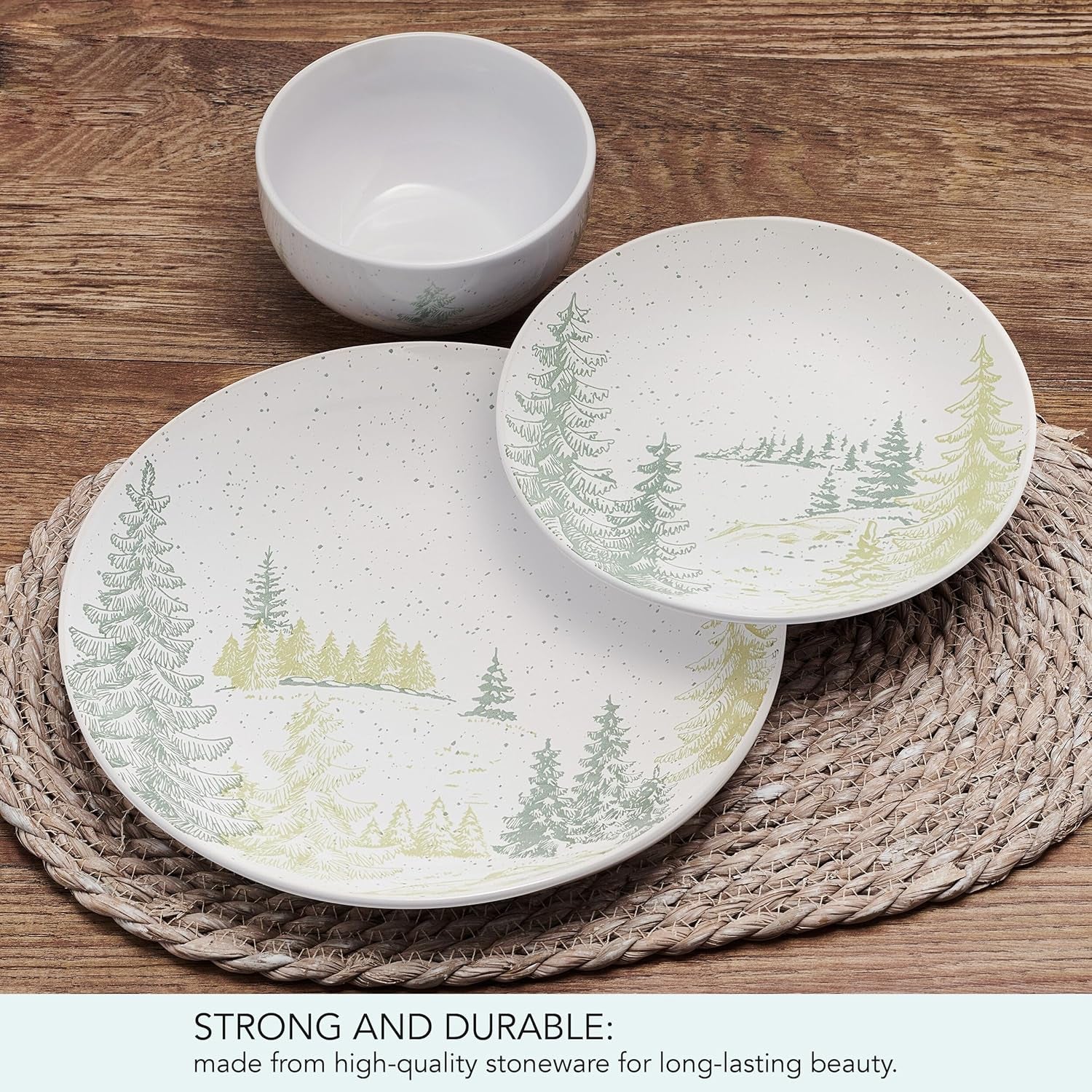 Pfaltzgraff Tranquil Trails Forest 12 Piece Dinnerware Plate Bowl Set, Service for 4