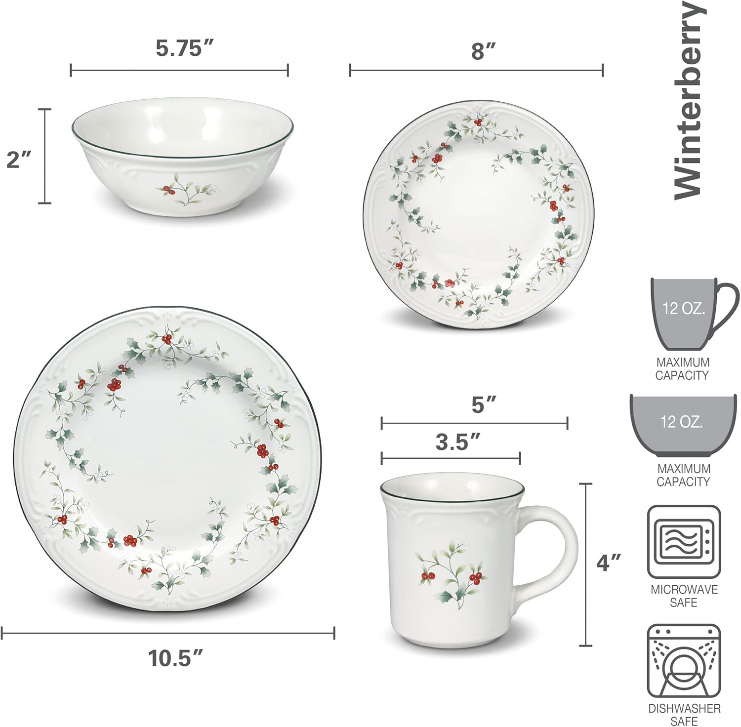 Pfaltzgraff 5072007 Winterberry Holiday 16 Piece Dinnerware Set, Service for 4, White