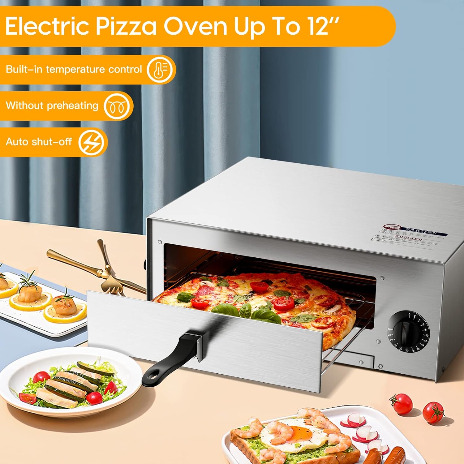 SIMOE Electric Pizza Oven with Handle & Removable Pizza Tray 