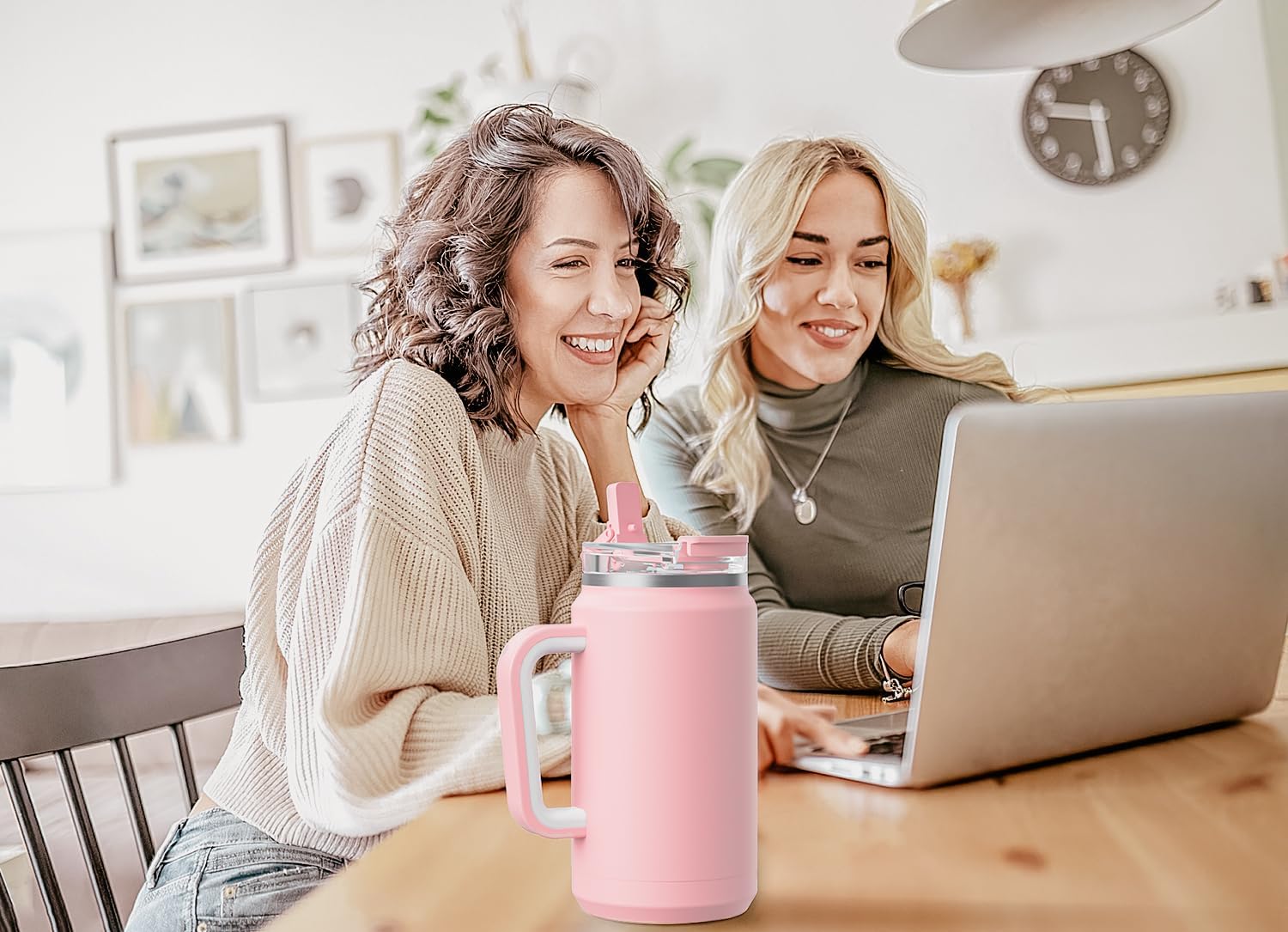 Meoky 32 Oz Tumbler with Handle, Stainless Steel Vacuum Insulated Tumbler, Keeps Cold for 30 Hours, 100% Leak-Proof, Bpa-Free (Blush)