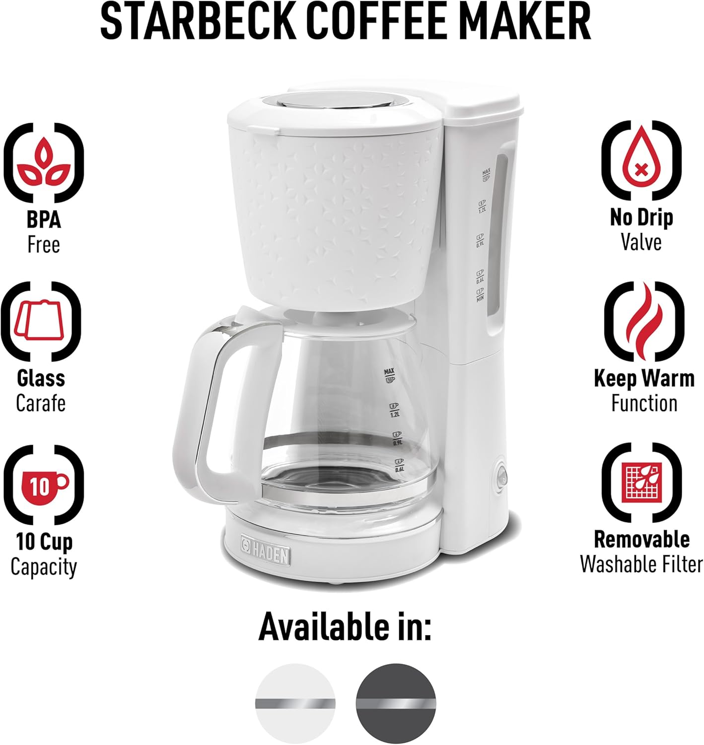 HADEN Starbeck Drip Coffee Machine Drip and Keep Warm Function 1.5 Liter  White/Chrome