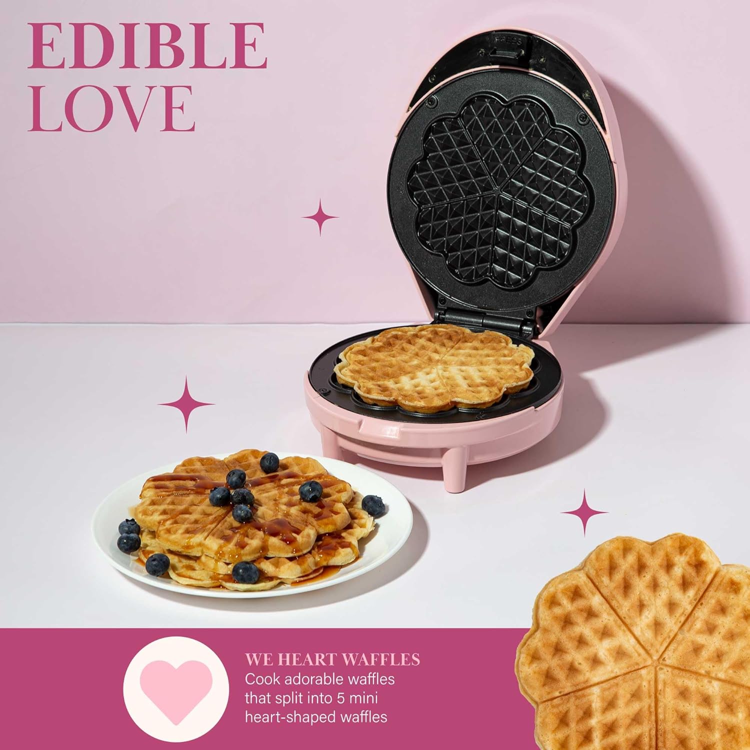 Paris Hilton Heart Waffle Maker, Makes 5 Mini Heart Shaped Waffles or 1 Individual Waffle, Easy to Clean 6" Nonstick Plates, Made without PFAS or PFOA, Electric Waffle Iron, Pink