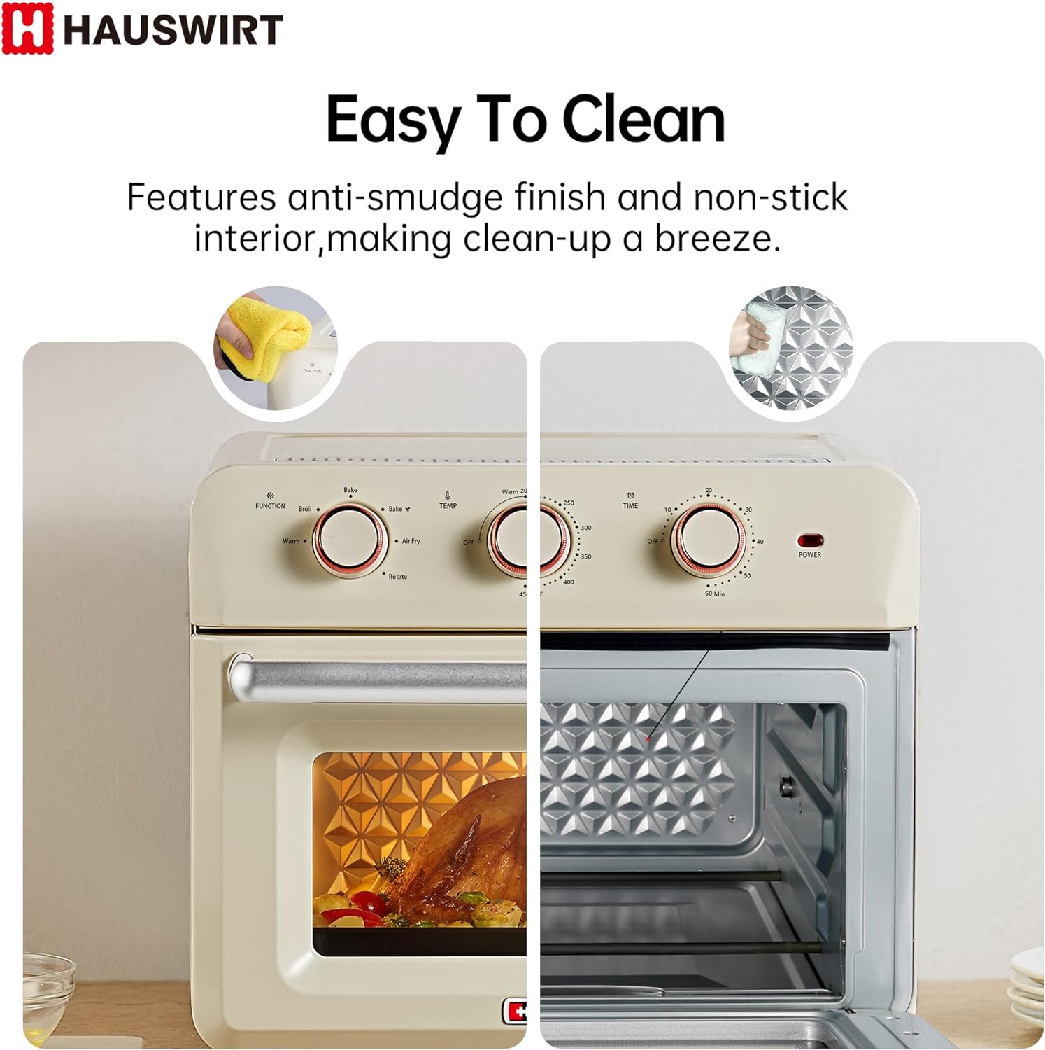 Hauswirt Retro Electric Oven & Air Fryer Combo 26.5Litter 190°F-450°F 1600W Cream White