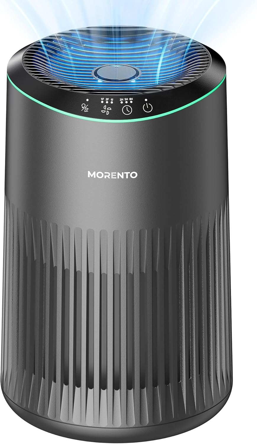 MORENTO Air Purifiers for Home, Air Purifier for Smoke Pet Dander Odors with Fragrance Sponge, Small Air Purifier with Sleep Mode for Bedroom Office, Blue Ambient Light, MR2566, Black, 1 Pack