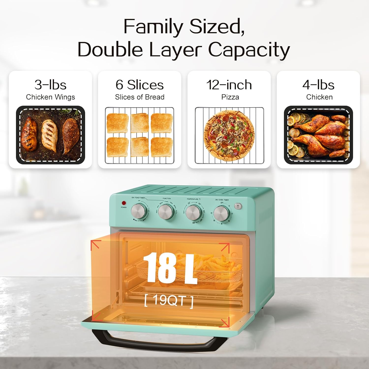 SIMOE Retro Oven & Air Fryer 19L 5 Accessories & Recipe Book Turquoise