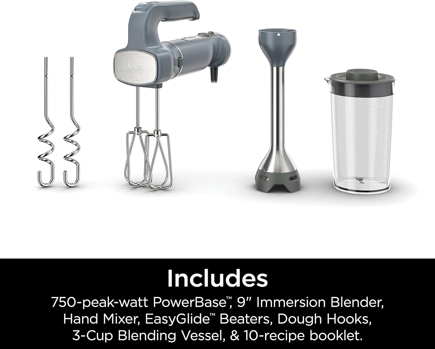 Ninja CI105BRN Foodi Power Mixer System, 750-Peak-Watt Immersion Blender and Hand Mixer, Easyglide Beaters, Dough Hooks, 3-Cup Blending Vessel, Sea Salt Gray