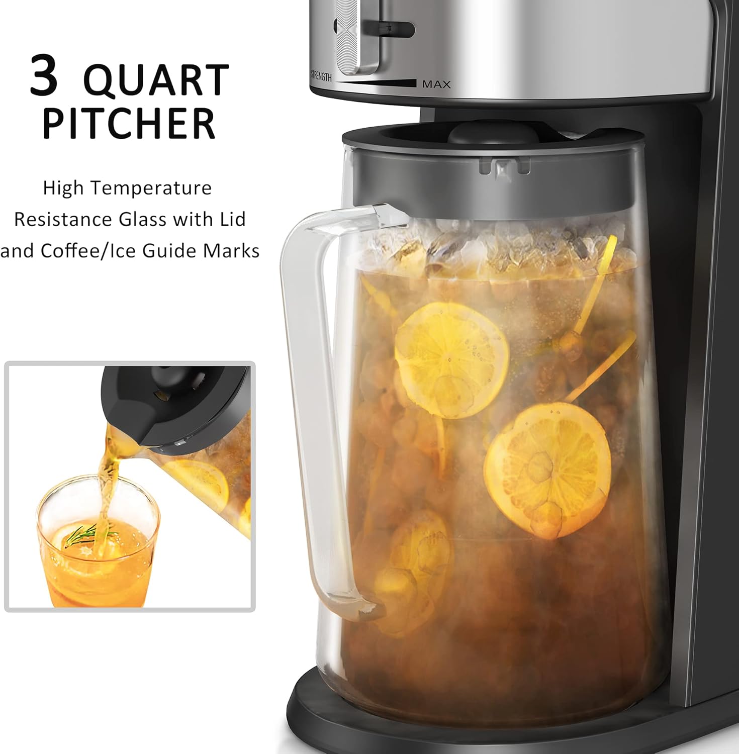 Wirsh Iced Tea Maker with 3QT Pitcher, Iced Coffee Maker with Strength Control and Reusable Filter, Perfect for Iced Coffee, Latte, Tea, Lemonade, Flavored Water, Black