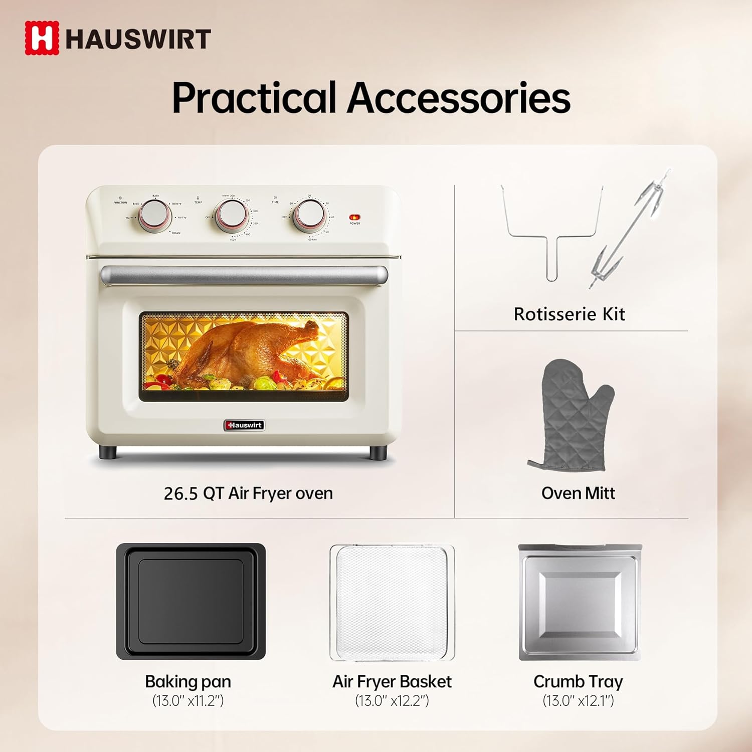 Hauswirt Retro Electric Oven & Air Fryer Combo 26.5Litter 190°F-450°F 1600W Cream White