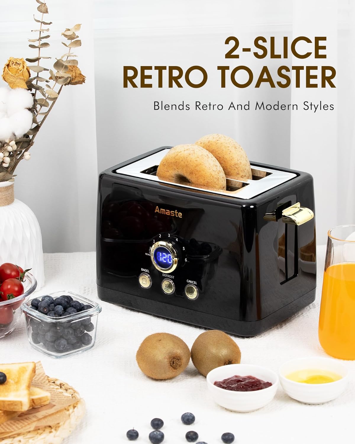 2 Slice Toaster, Retro Bread Toaster with LED Digital Countdown Timer, Extra Wide Slots Toasters with 6 Shade Settings, Bagel, Cancel, Defrost Function, High Lift Lever, Removal Crumb Tray, Black