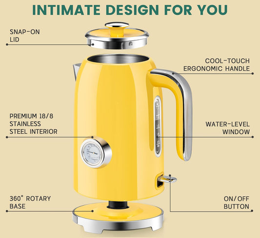 SUSTEAS Electric Kettle - 57Oz Hot Tea Kettle Water Boiler with Thermometer, 1500W Fast Heating Stainless Steel Tea Pot, Cordless with LED Indicator, Auto Shut-Off & Boil Dry Protection, Retro Yellow