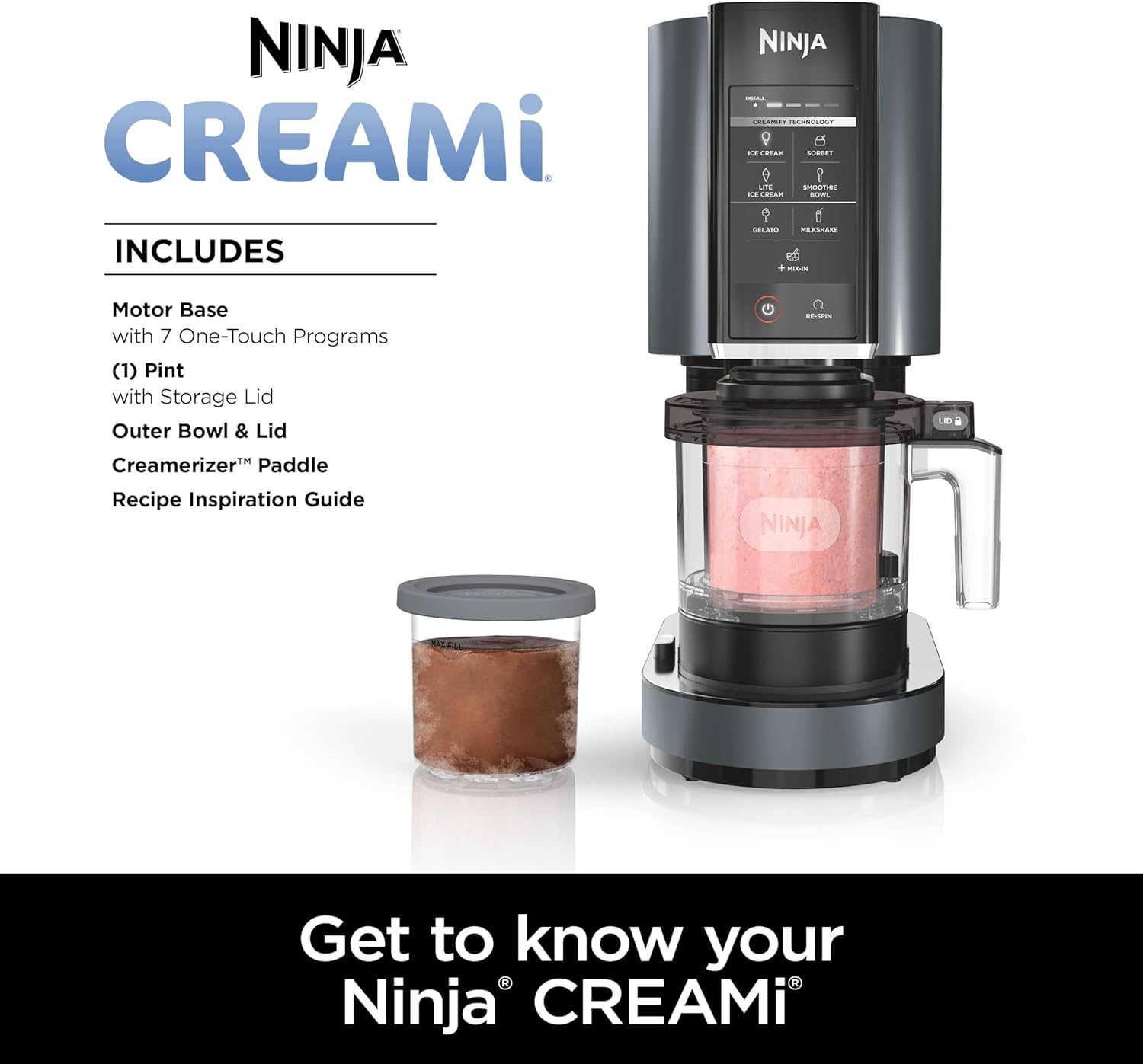 Ninja Creami, Ice Cream Maker, Ice Cream, Gelato, Sorbet ,Milkshakes, Mix-Ins, Smoothie Bowls & More, 7-In-1, Ice Cream Pints, Pint Lid, Healthy Ice Cream, Compact, Perfect for Kids, Black, NC299AMZ