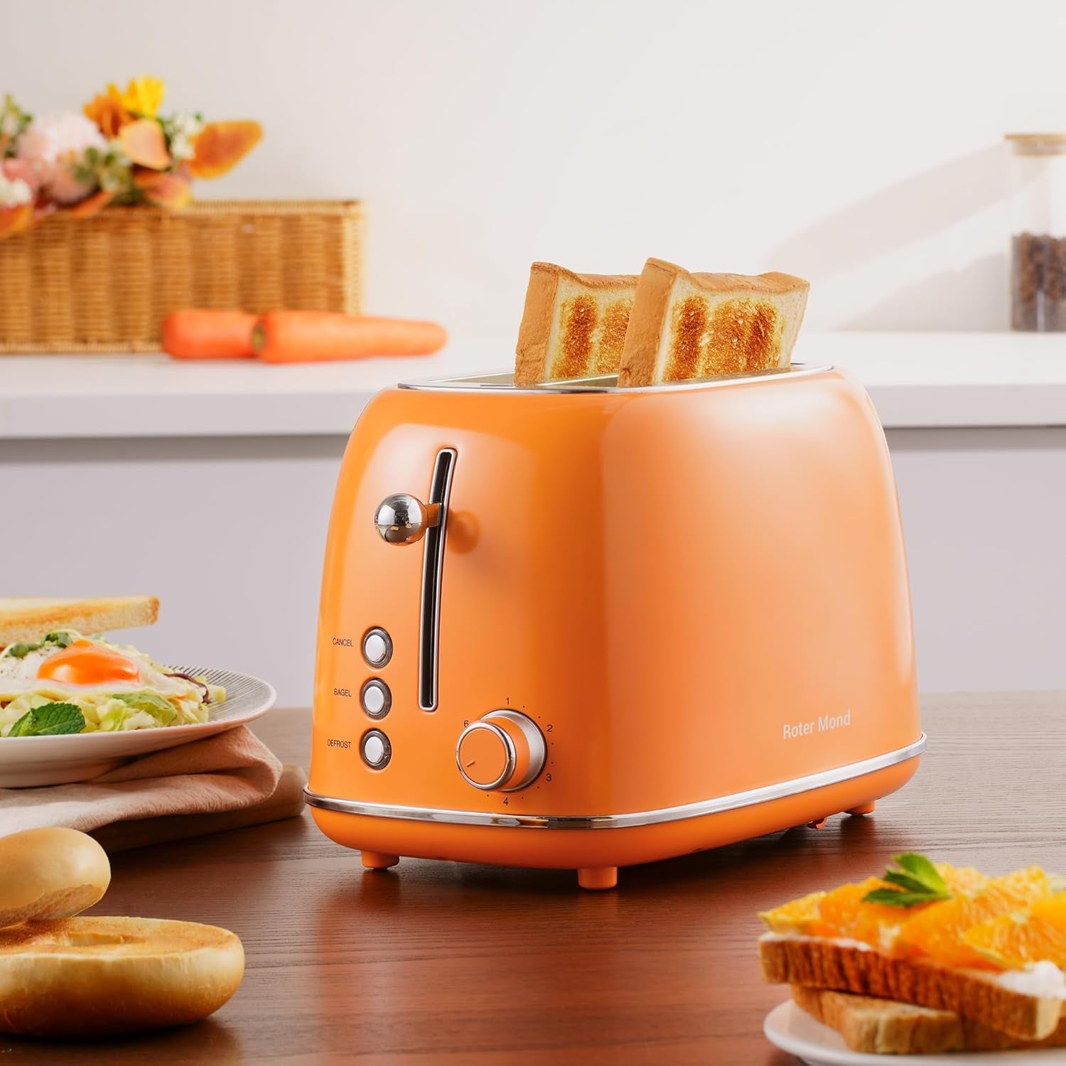 Roter Mond Retro Stainless Steel 2 Slice Toaster 6 Bread Shade Settings Orange