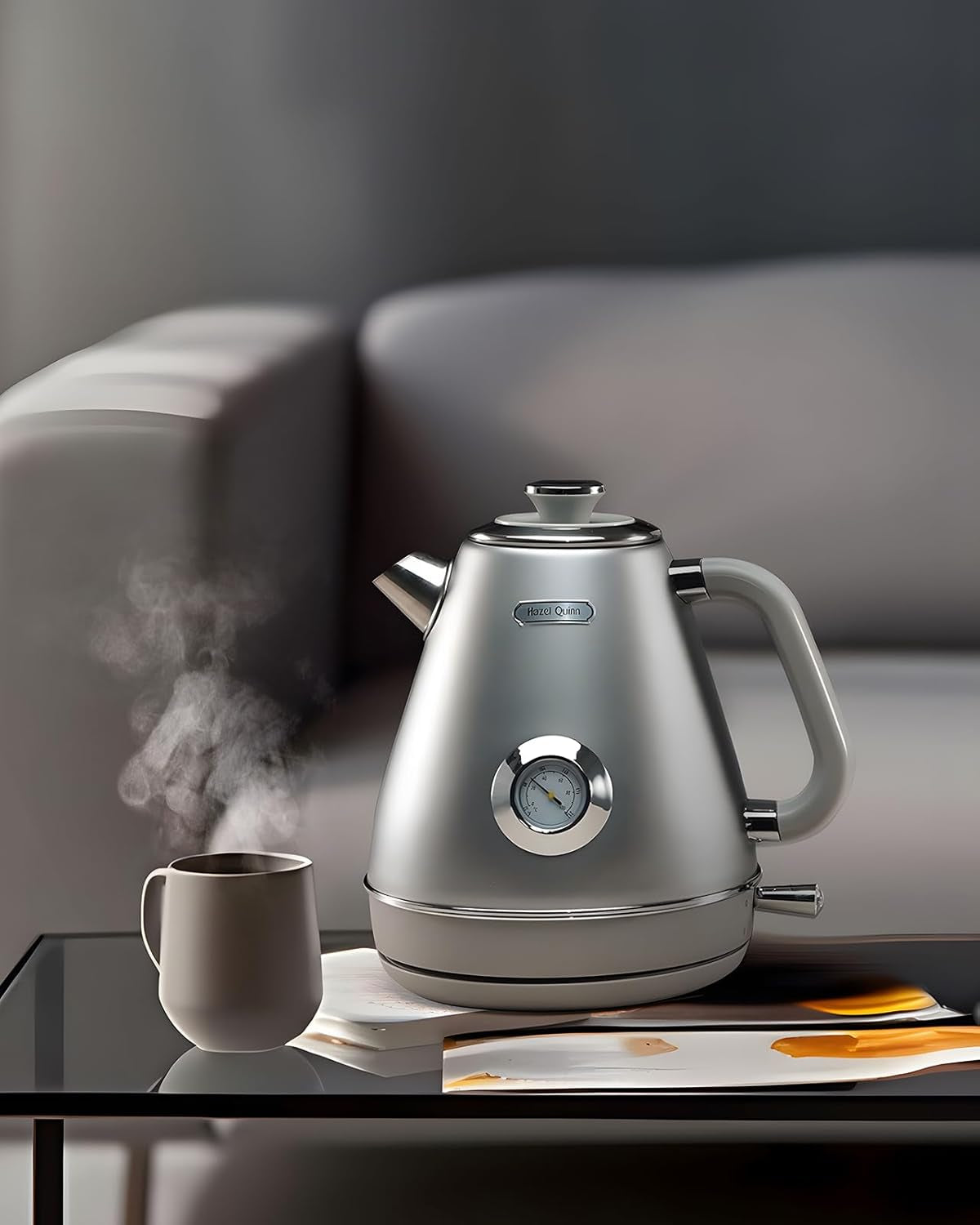 Hazel Quinn Retro Electric Kettle - 1.7 Liters / 57.5 Ounces Tea Kettle with Thermometer, All Stainless Steel, Fast Boiling 1200 W, Bpa-Free, Cordless, Rotational Base, Automatic Shut off - Space Gray