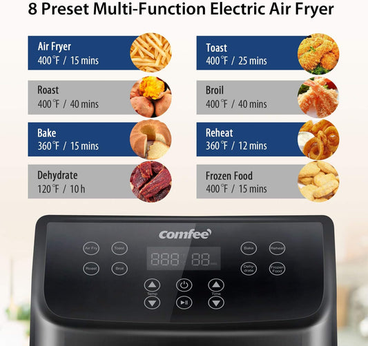 COMFEE' 5.8Qt Digital Air Fryer, Toaster Oven & Oilless Cooker, 1700W with 8 Preset Functions, LED Touchscreen, Shake Reminder, Non-Stick Detachable Basket, BPA & PFOA Free (110 Electronic Recipes)