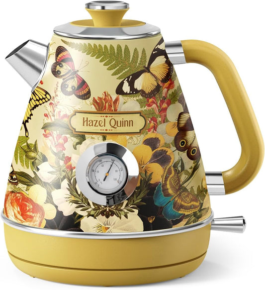 Hazel Quinn X Eduardo Recife Collaboration Electric Retro Tea Kettle with Thermometer - 1.7 Litres / 57.5 Ounces, All Stainless Steel, Fast Boiling 1200W, Cordless, Bpa-Free, Automatic Shut-Off