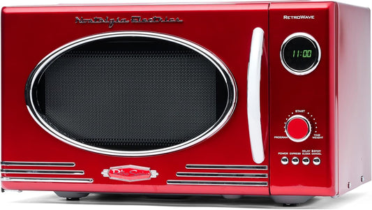 Nostalgia Retro Countertop Microwave Oven - Large 800-Watt - 0.9 Cu Ft - 12 Pre-Programmed Cooking Settings - Digital Clock - Kitchen Appliances - Metallic Red