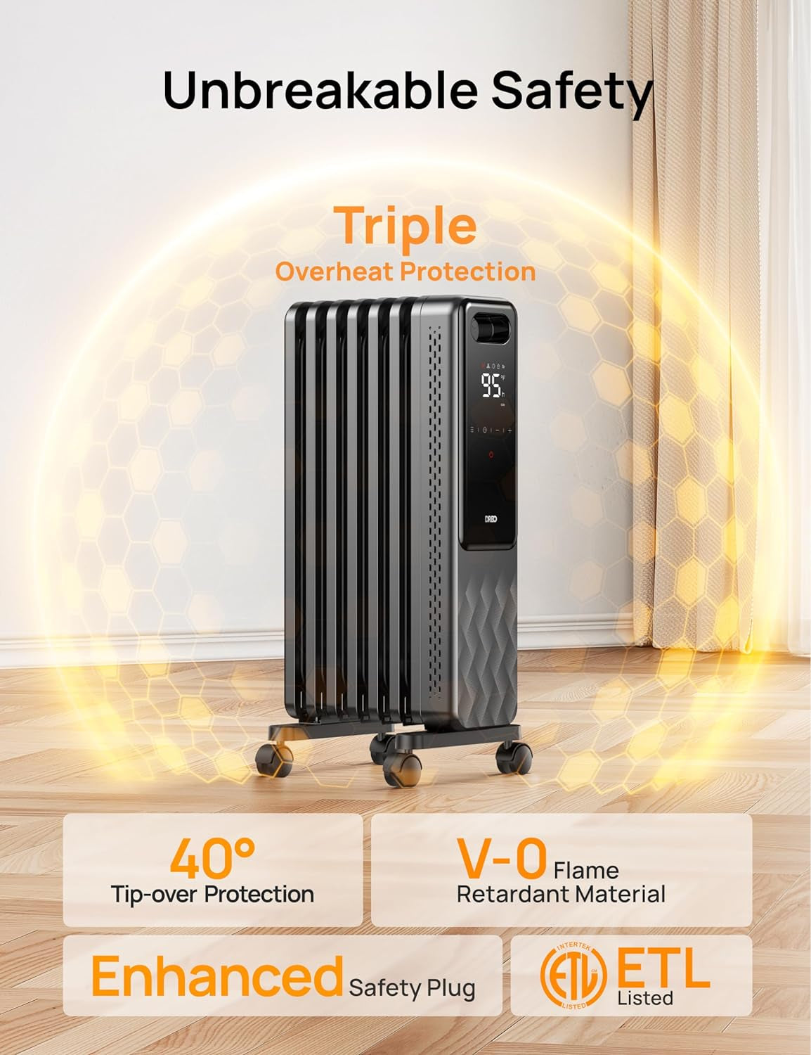 Dreo Oil Filled Radiator, Electric Radiant Heaters for Indoor Use Large Room with Remote Control, Child Lock, 4 Modes, Overheat & Tip-Over Protection, 24H Timer, Digital Thermostat, Quiet, 1500W