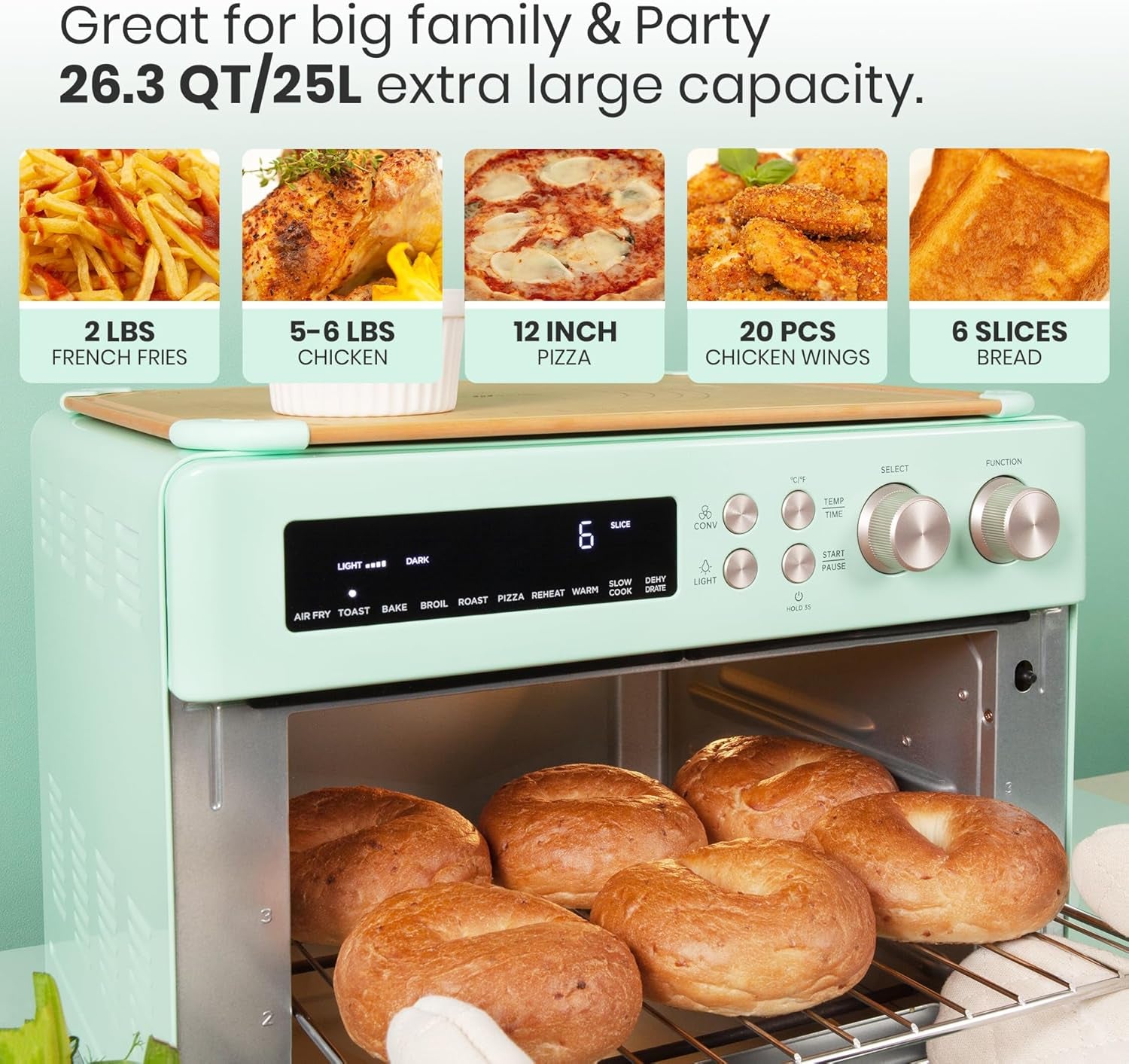 Retro Style Infrared Heating Air Fryer Toaster Oven, Extra Large Countertop Convection Oven 10-In-1 Combo, 6-Slice Toast, Enamel Baking Pan Easy Clean with Recipe Book, Green Color