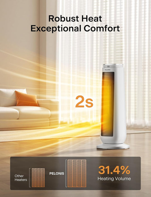 PELONIS 23” Oscillating Ceramic Tower Space Heater with Remote & Thermostat, Electric Energy Efficient Floor Heater for Indoor Use Large Room Safe with Timer, ECO Mode, 1500W, White