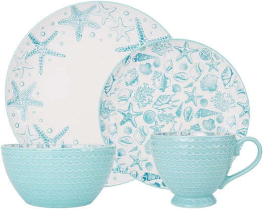 Pfaltzgraff Venice 16-Piece Stoneware Dinnerware Set, Service for 4, Aqua/White -