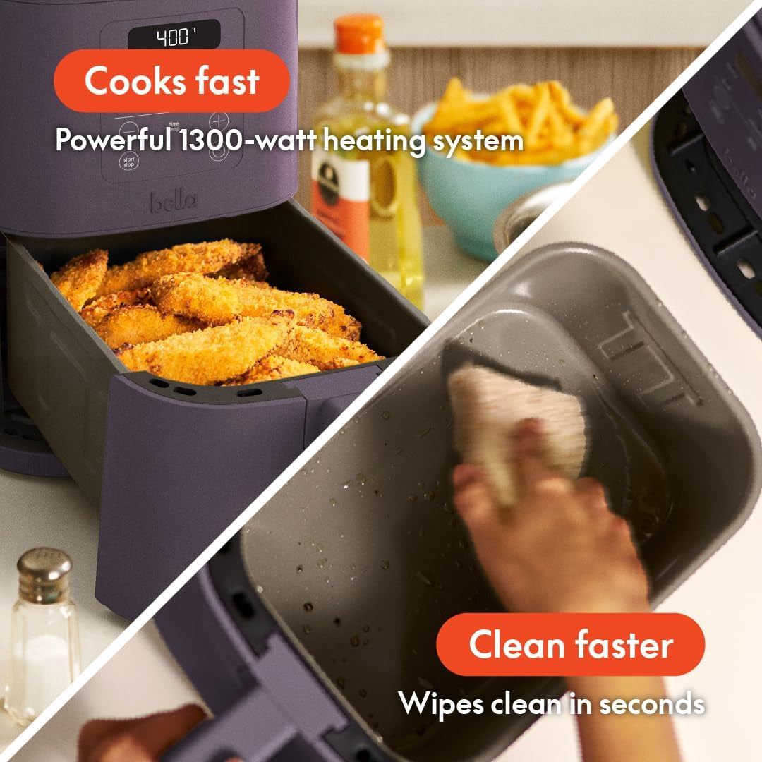 Bella 4Qt Slim Air Fryer, Fits-Anywhere™ Kitchenware, Evergood™ Ceramic Nonstick Coating, Adjustable Temperature, 6 Preset Cooking Options, 60 Min Auto Shutoff W Audible Tone, 3.3Lb Capacity, Plum