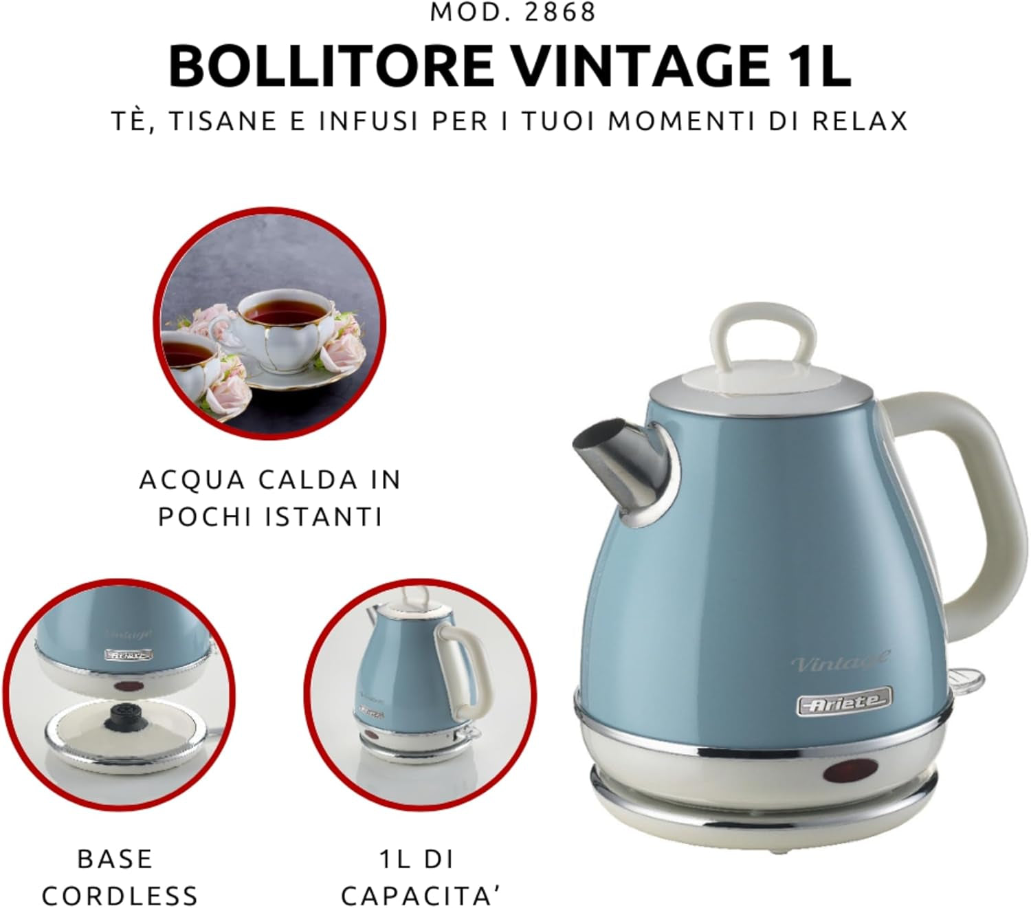 Ariete 2869 Bollitore Elettrico 1 Litri Di Design Infusi, Tè E Tisane Autospegnimento 2000 Watt Acciaio Inox Linea Vintage Classic, Celeste