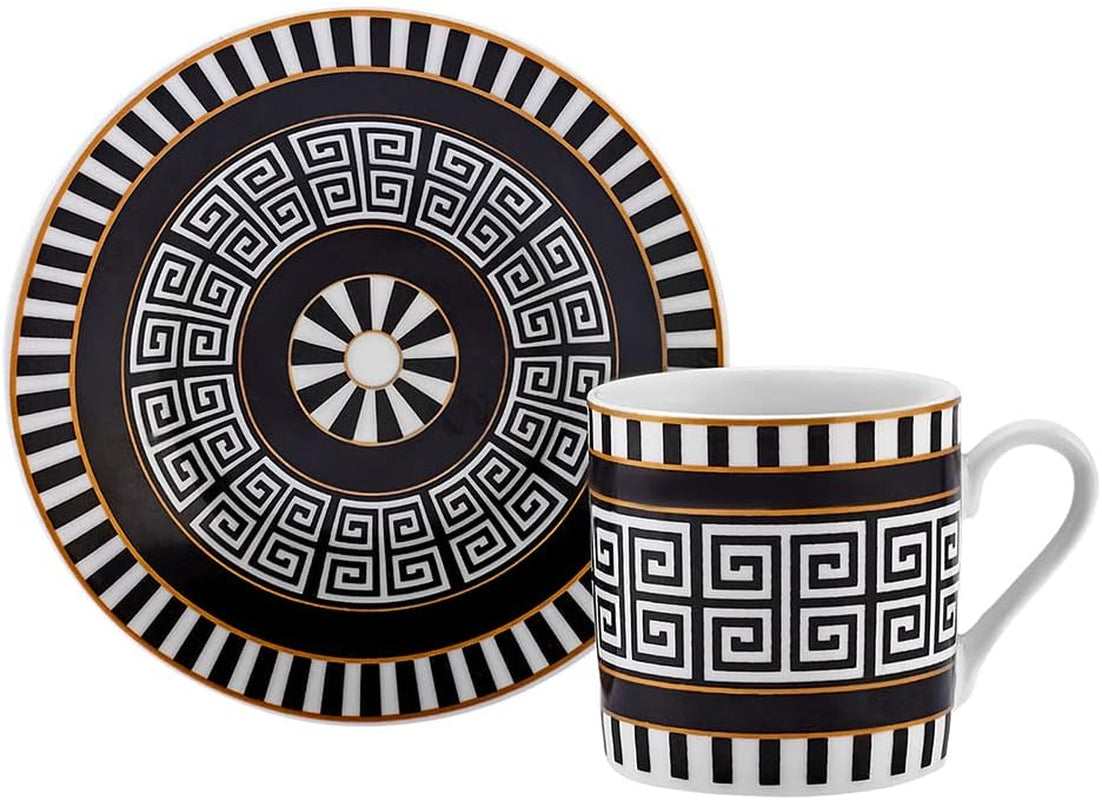 KARACA Helenistik Porcelain Turkish Coffee Cups Set for 6 People - 12 Piece Espresso Cup with Saucers - Drinking Serving Gift Set for Women - Ideal for Serving Turkish Coffee (Black and White, 80 Ml)